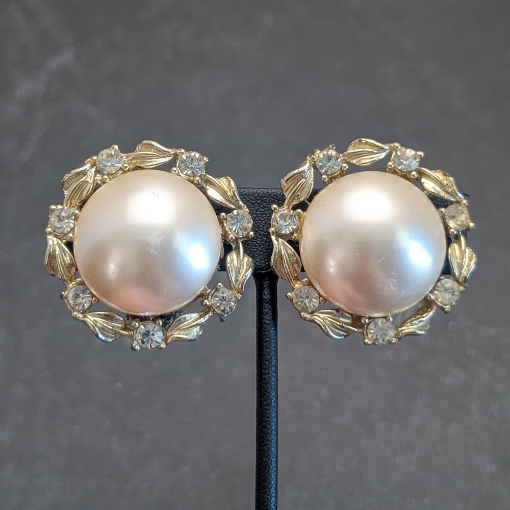 Vintage Clip On Earrings Faux Pearl, Gold Tone & Clear Gem - Fair Condition